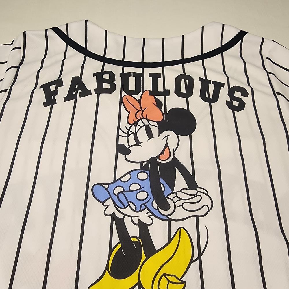 Disney Minnie Mouse Baseball Jersey Shirt Womens Medium Pinstripe Fabulous Mesh